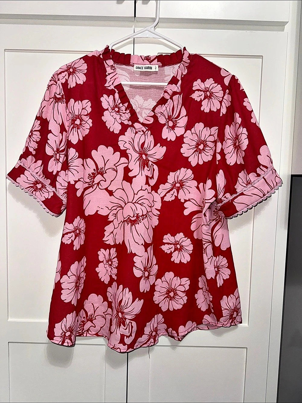 Grace Karin Floral Blouse in Pink & Red Size XL Like New